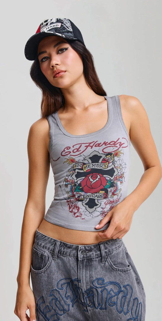 Ed Hardy Womens In Memory Of When I Cared Washed Fitted Vest Top
