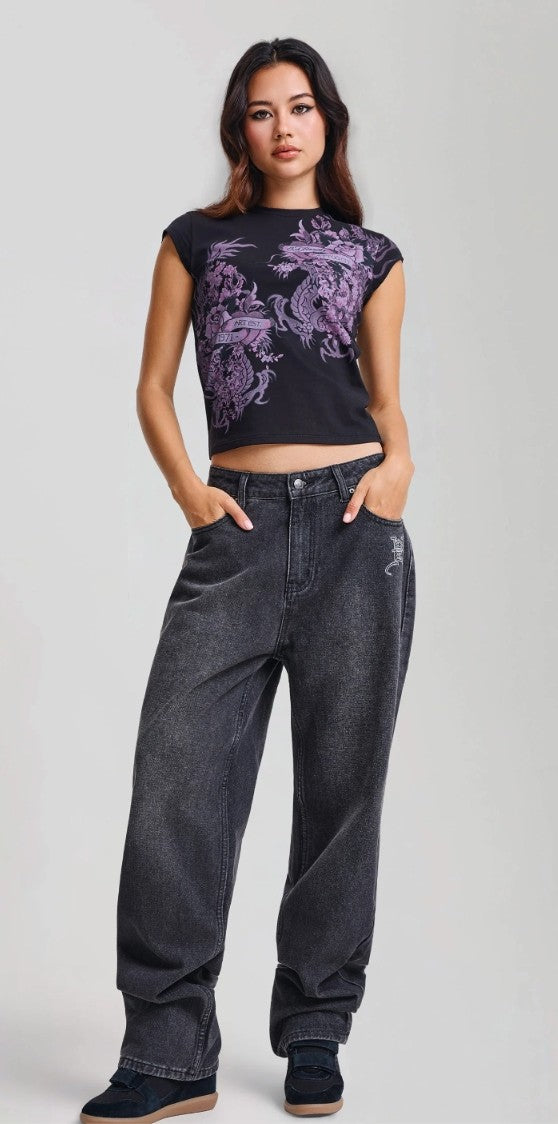 Ed Hardy Womens Gothic Cross Washed Relaxed Jeans