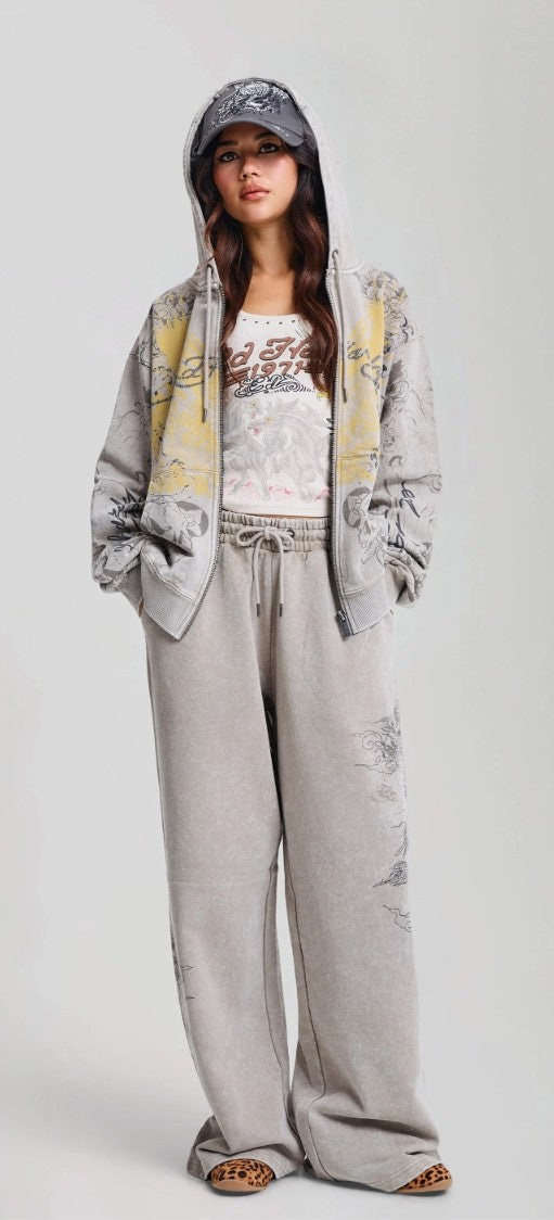 Ed Hardy Womens Diamante Venom Stone Wash Relaxed Zip Thru Hoodie