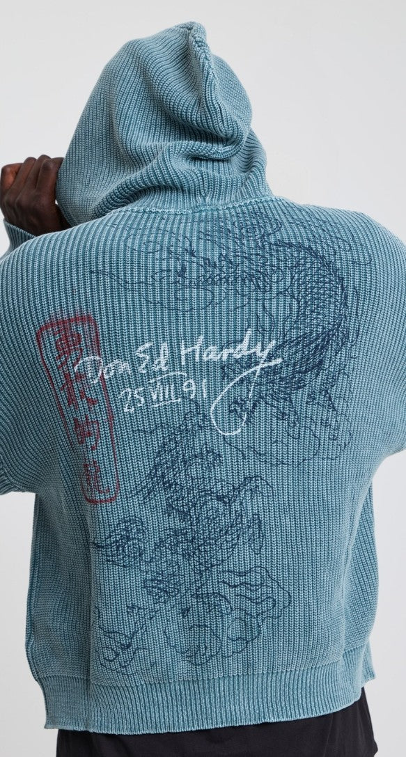 Ed Hardy Mens Washed Soaring Dragon Knitted Boxy Zip Thru Hoodie