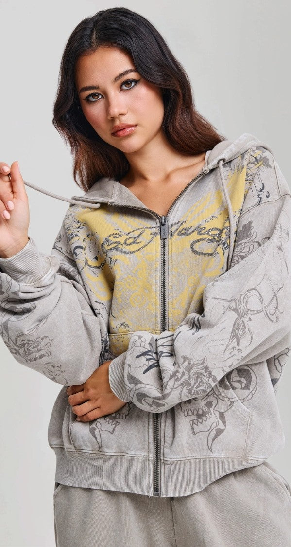 Ed Hardy Womens Diamante Venom Stone Wash Relaxed Zip Thru Hoodie