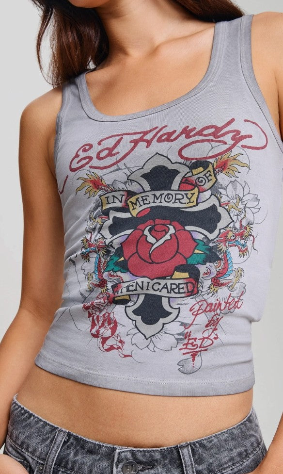 Ed Hardy Womens In Memory Of When I Cared Washed Fitted Vest Top