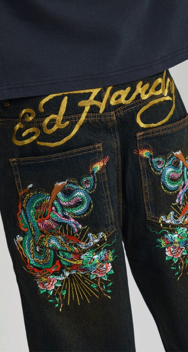 Ed Hardy Slithering Dragon Embroidered Extra Jeans