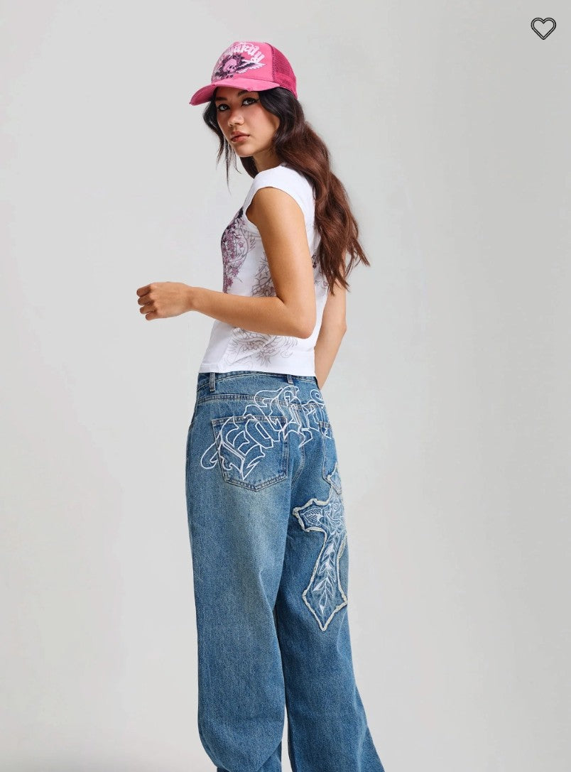 Ed Hardy Womens Gothic Cross Washed Relaxed Jeans