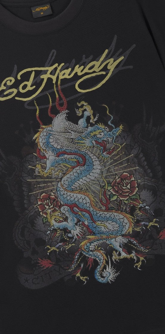 Ed Hardy Mens Dragon City Diamante Graphic Relaxed T-Shirt