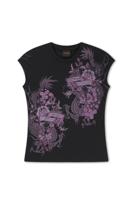 Ed Hardy Womens Tattoo City Cap Sleeve Fitted Top